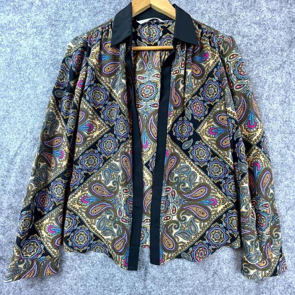 Trina Turk Blouse Womens Medium Colorful Paisley Open Front Maximalist Fun - Picture 1 of 5
